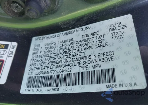 2016 Honda Cr-V Ex-L z USA, uszkodzony, nr VIN 5J6RM4H79GL046952